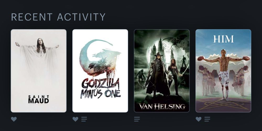 Recent activity on Letterboxd: Saint Maud, Godzilla Minus One, Van Helsing, and Him