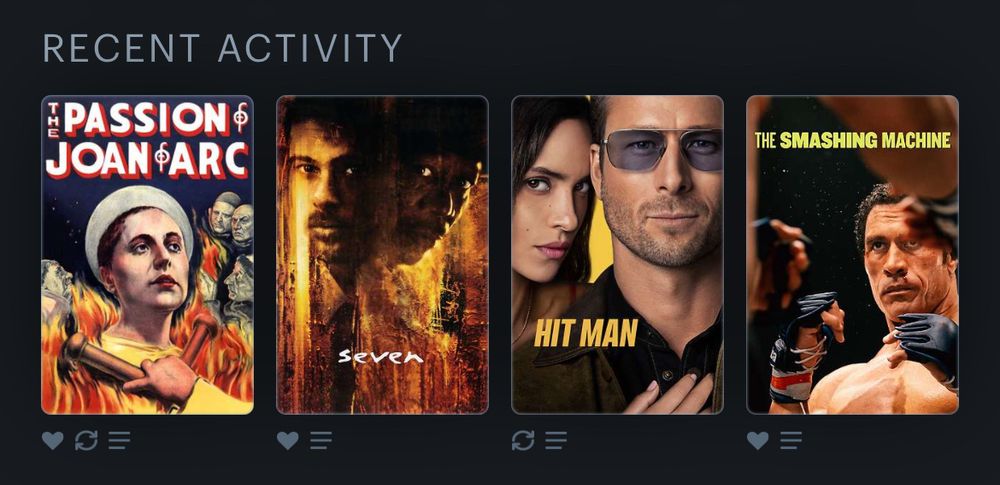 Recent activity on letterboxd listing The Passion of Joan of Arc, Seven, Hit Man, and The Smashing Machine