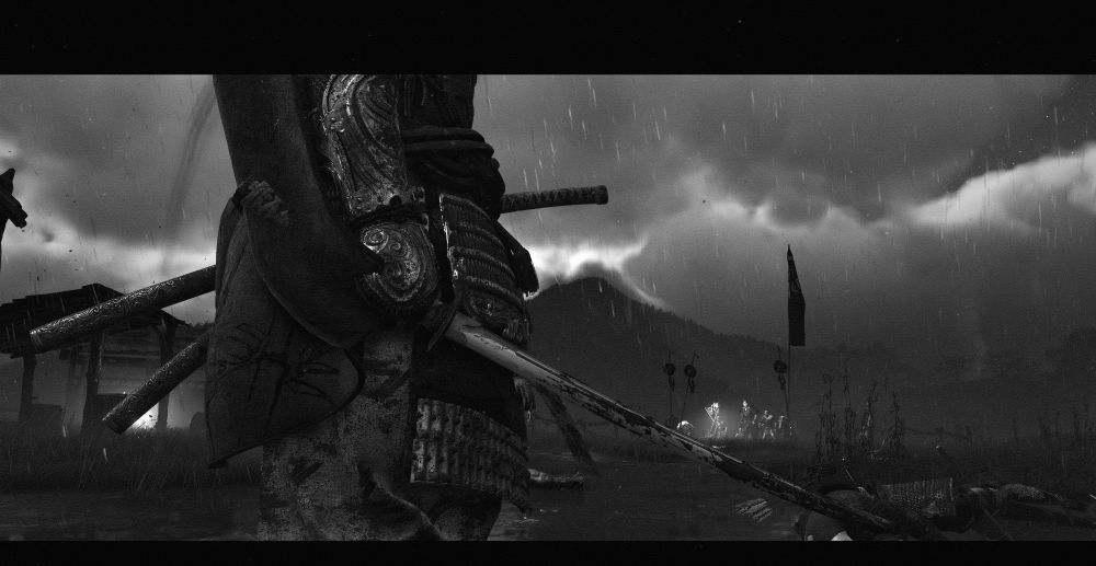 A still from Ghost of Yotei featuring Atsu in black and white 