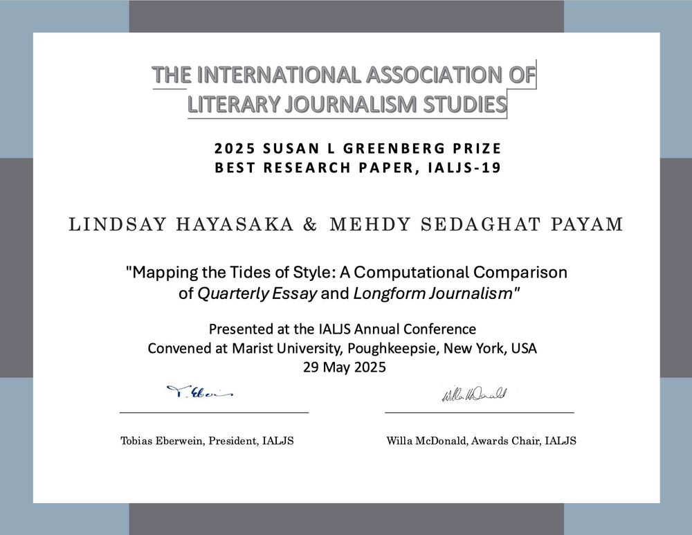 An image of the certificate awarding the 2025 prize to Lindsay and Mehdy. The title of their paper is "Mapping the Tides of Style: A Computational Comparison of 'Quarterly Essay' and 'Longform Journalism'