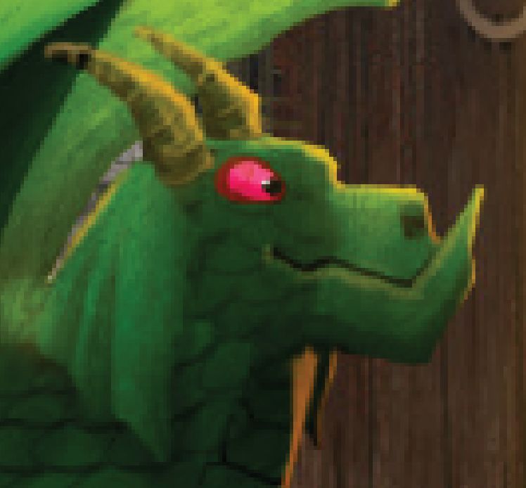 Closeup on Brutus, a doglike dragon with green scales, red eyes, horns, and floppy ears. He looks like he's never had a thought in his life; his brain contains nothing but love.