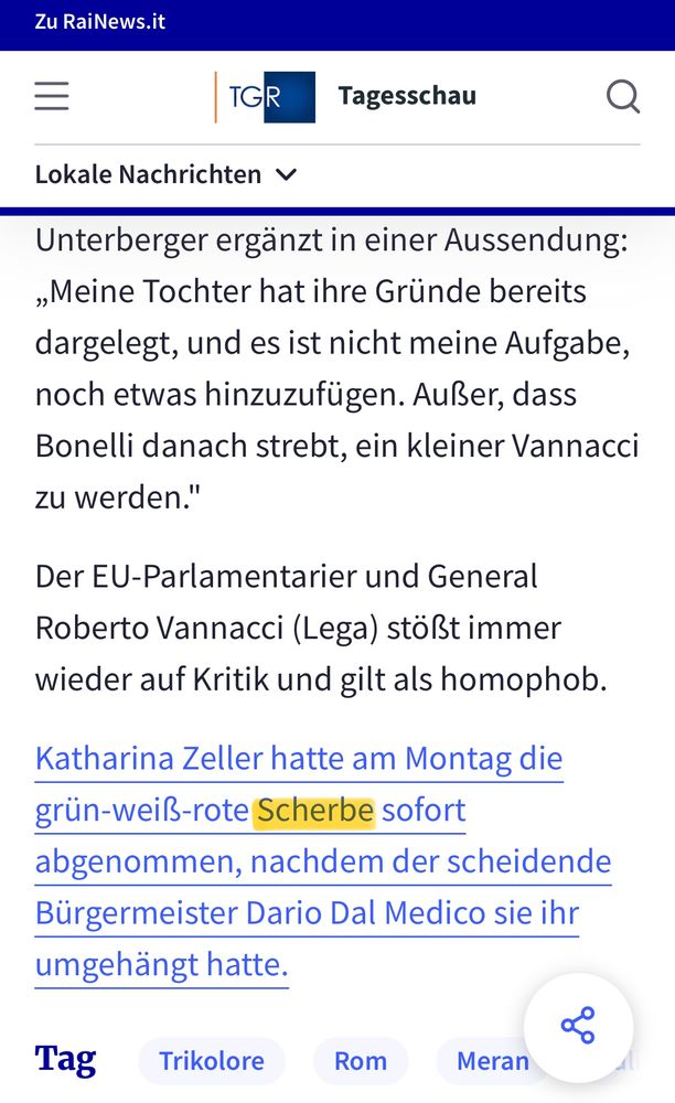 Rai Südtirol schreibt, Katharina Zeller habe die "grün-weiß-rote Scherbe sofort abgenommen".