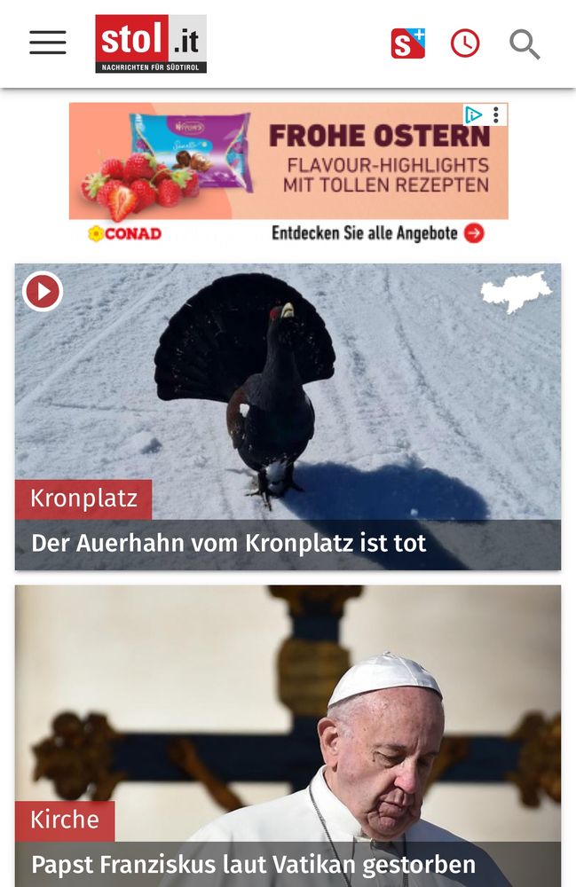 Südtirol Online berichtet in dieser Reihenfolge vom Tod eines Auerhahns und des Papstes.