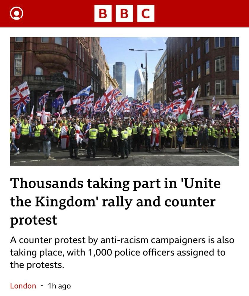 A BBC News article proclaiming that “thousands (are) talking part in ‘Unite the Kingdom’ rally and counter protest.