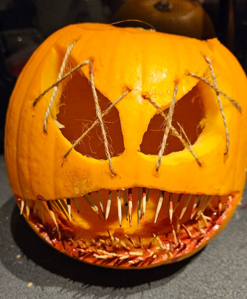 A close up of the carved pumpkin