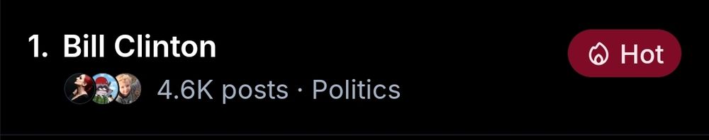 Screenshot of Bluesky trending topics, with "Bill Clinton" at the top and labeled "Hot"