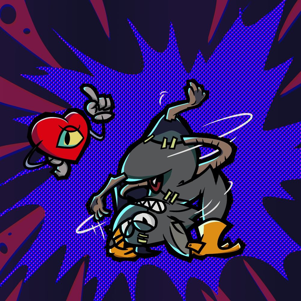 Mad Rat breakdancing, and his heart pointing with its hand on its hip.
