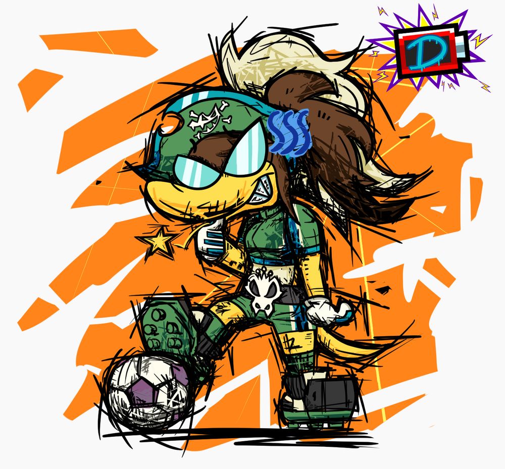Altermentality wearing a soccer uniform, colored with green and blue, and wearing a K. Rool-symbol belt buckle.
She's biting her thumb and looking at the ball nervously.