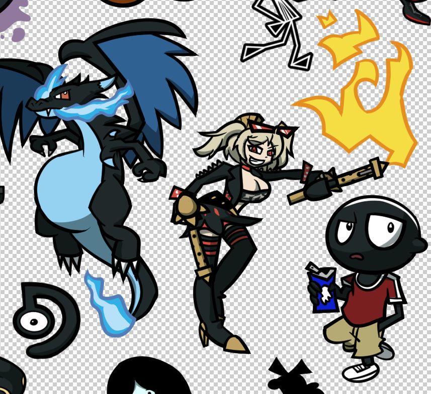 From left to right: D Unown, Mega Charizard X, Burnice from Zenless Zone Zero, and Angelo from MFKZ