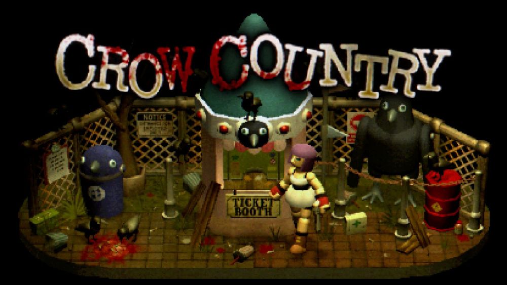 Title at top: "Crow Country", which is in a white font stained with blood.

In a black void is a small diorama of the crow-themed theme park, Crow Country, being walked through by a detective wearing a white dress and purple hair.

