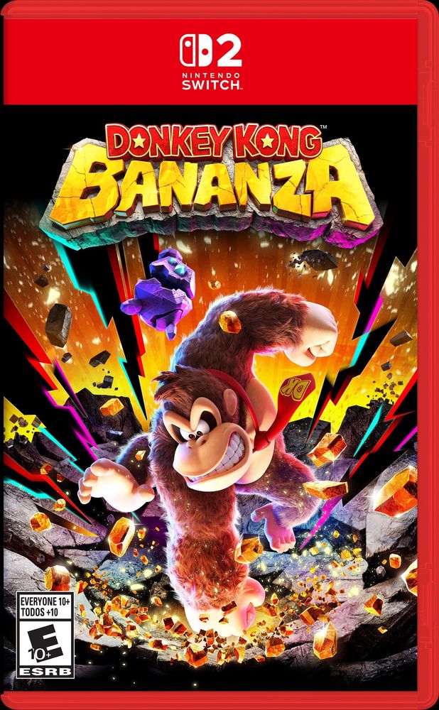 Switch 2 box art for, as the title beneath reads, "Donkey Kong Bananza".
DK punches downwards as Odd Rock flies off of him, and cool smashy actiony effects that remind me of Spiderverse surround them.