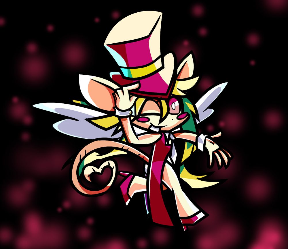 The Rat God grips her top hat and holds her hand out
