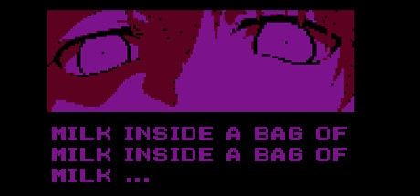 Title at bottom reads: "Milk inside a bag of milk inside a bag of milk" in a magenta text against a black background.
Above the title is a red-shaded pair of uncomfortable-looking feminine eyes.