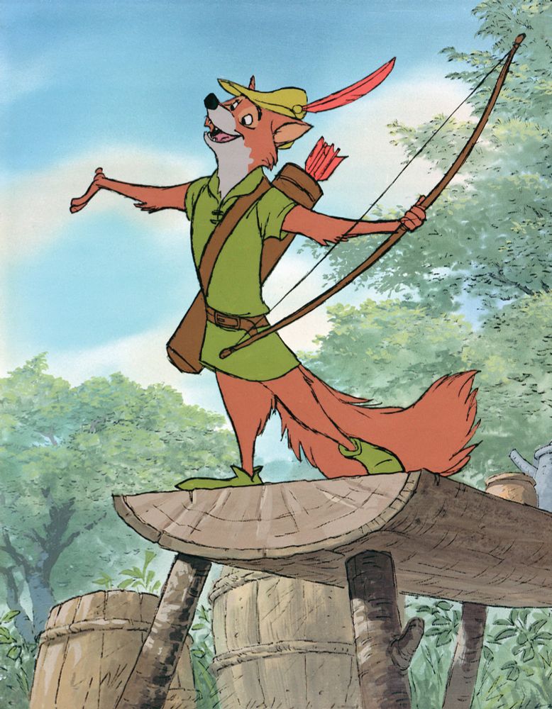 Disney's Robin Hood standing on a log. He is an anthropomorphic fox wearing a green tunic. With a yellow green hat that has an arrow through it and a red feather. His arms are spread wide. In his left hand is a bow and strapped to his back is a quiver of arrows.
