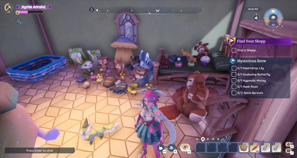 Screenshot of Palia and a room full of different plushies available in Palia.