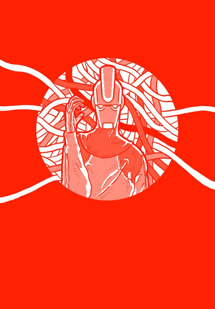 An illustration of a sort of robot-faced person in a circular frame with a background of various tangled cables, all of it in various shades of red.