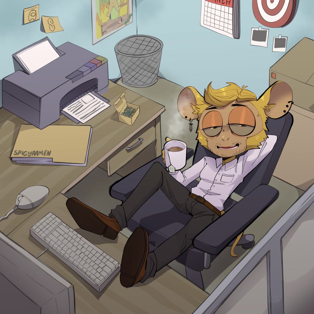 Tybalt the Tarsier leaning back in his office chair with a new cup of tea. 