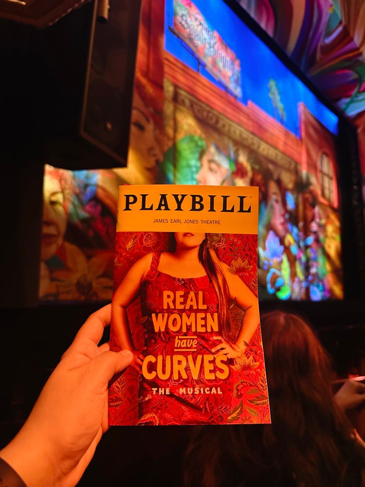 Picture of my left hand holding up the playbill with the stage in the background. 