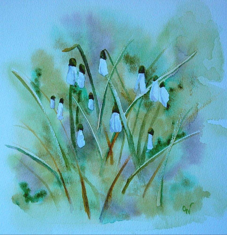 A watercolour painting of snowdrops using blurry 'wet on wet' techniques. 