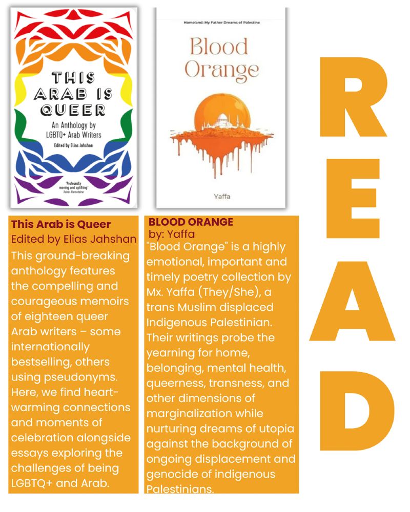 The graphic is laid out in three columns. On the far left column on the top, is a picture of the book "This Arab is Queer." Underneath is a yellow box with the author of the book and the description of the book. In the middle column, there is a picture of the book "Blood Orange." Underneath is a yellow box with the author's name and description of the book. The far right column has the word "READ" in vertical, yellow letters.
