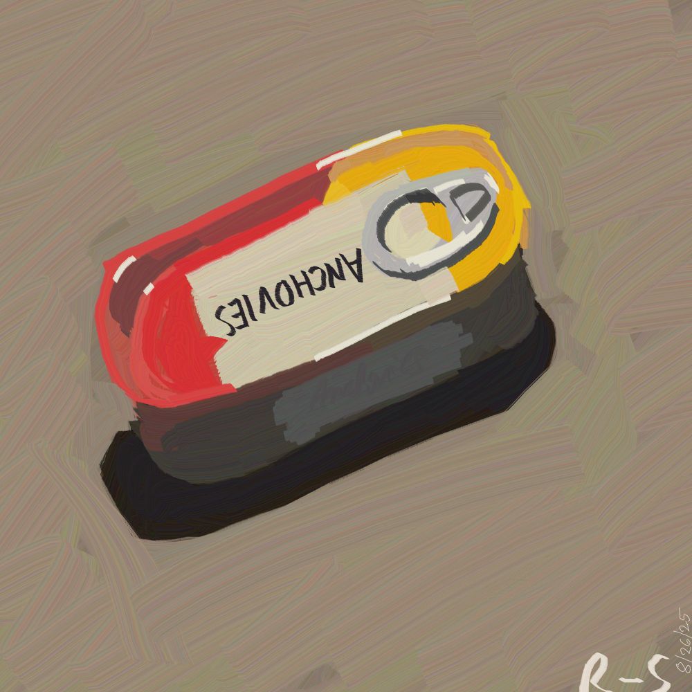 A painting of a red and yellow tin of anchovies made in Heavypaint 4 using the Brush brush. 