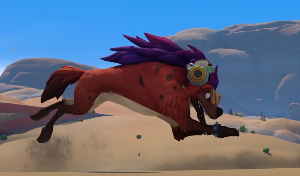 Another screenshot showing a red hyena with purple hair wearing headphones and glasses, running behind the protagonist.