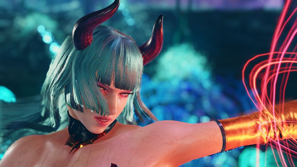 Another side profile of Lili in the Morrigan cosplay with her throwing out a jab.