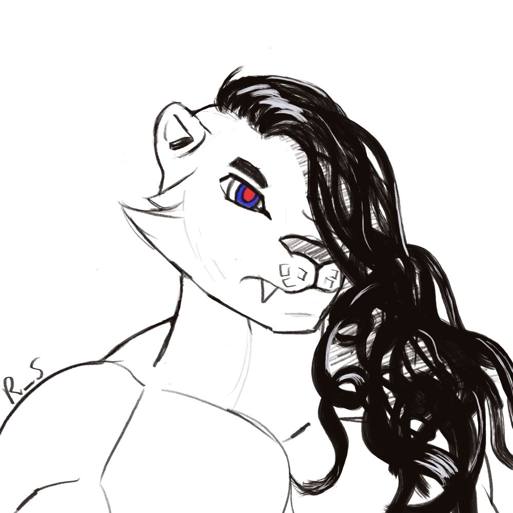 A black and white drawing of an antro lion with a mostly smooth face, and half of his curly black mane/hair shaved. The rest of his mane/hair falls over the left half of his face and body. 
