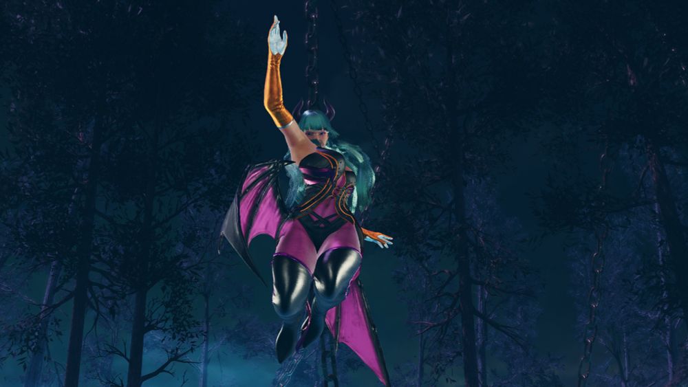 A screenshot of my Lili in mid air in her Morrigan Aensland costume that I made.