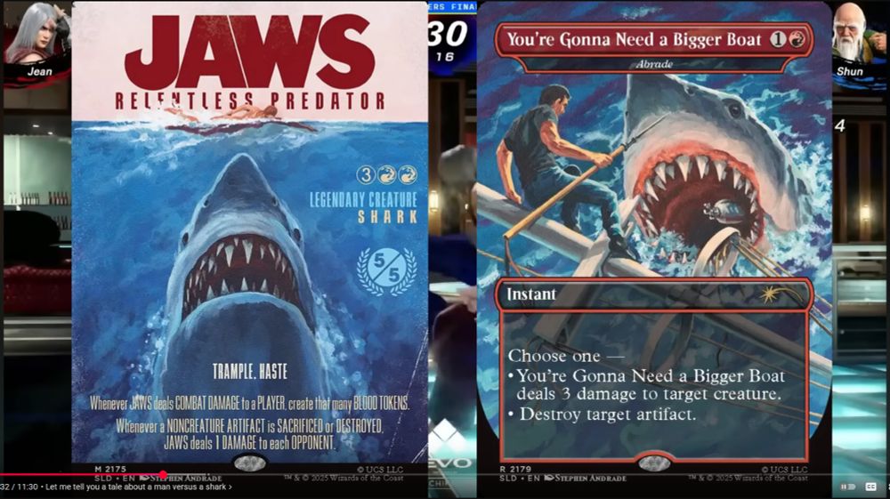 A preview of the MTG Jaws card called You're Gonna Need a Bigger Boat. It's a two mana card, one red, and an instant cast spell. It reads, "Choose one - You're Gonna Need A Bigger Boat deals 3 damage to target creature. Destroy target artifact."