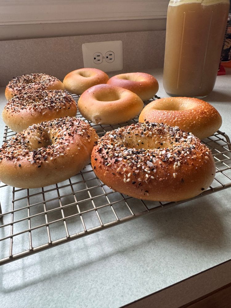 A side shot of the bagels with a fresh batch of chicken stock in a glass mason jar in the back.