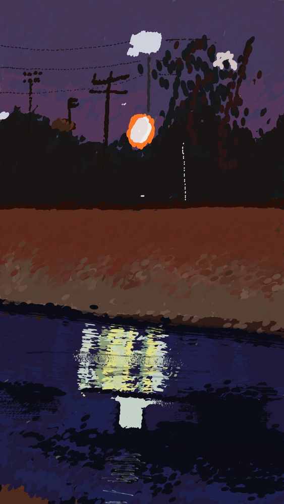 A painting of water next to a brown cliff/road and some dark trees in the background with lights and even further back. Made in HeavyPaint 4 using the Seurat and Oil brushes.