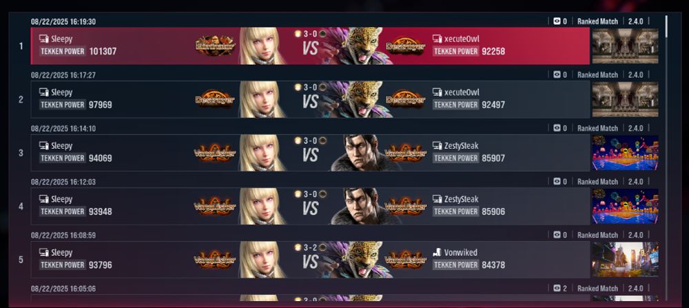 A screenshot of my previous matches in Tekken 8 showing my win streak.