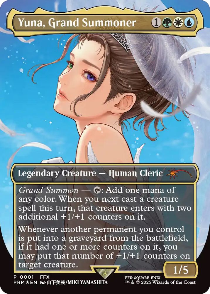 A promo art version of the “Yuna, Grand Summoner” card from the Magic the Gathering Final Fantasy Secret Lair. She’s looking over her shoulder at the viewer in her wedding dress, from the scene in Final Fantasy X where she’s being married to Maester Seymour