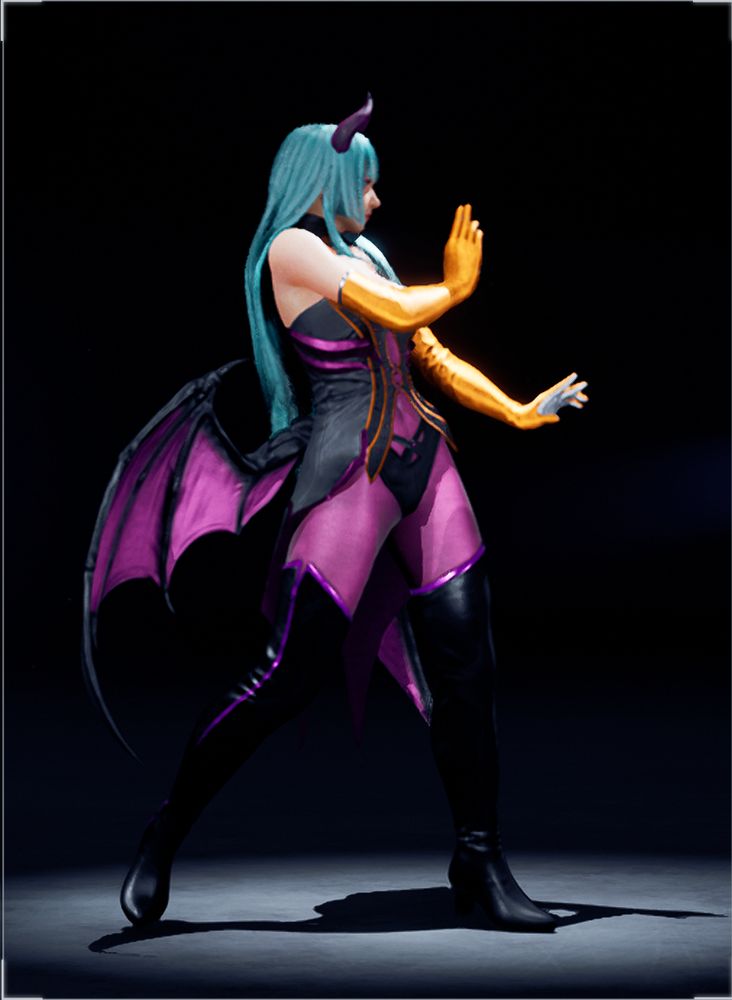 Side profile of the Morrigan Aensland costume I made for Lili in Tekken 8.
