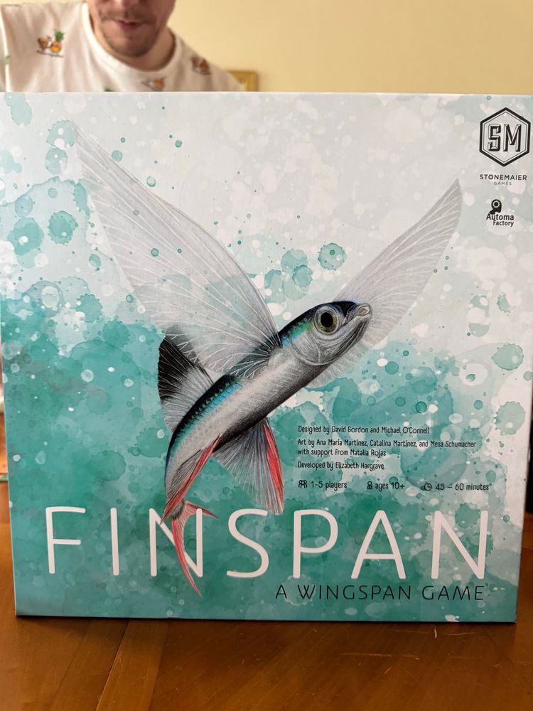 A picture of the front of the box for a board game called Finspan, a game based on the bird board game Wingspan that I love.
