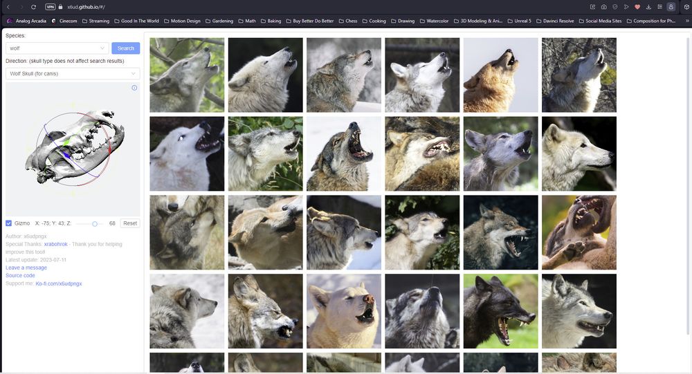 A screenshot from the website https://x6ud.github.io/#/ showing a gallery of pictures of wolves all looking up, matching the direction of the skull that I set.