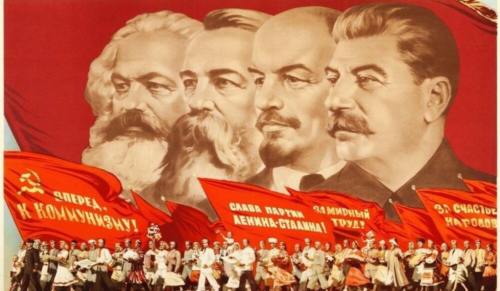 Poster of Marx, Engles, Lenin and Stalin- Soviet propaganda art style