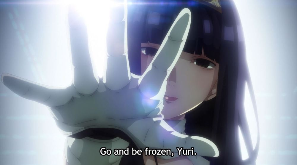 Yuriko, a woman with black hair and eyes, holding her hand out to Yuri. She has a blank expression on her face. The text reads, "Go and be frozen, Yuri."
