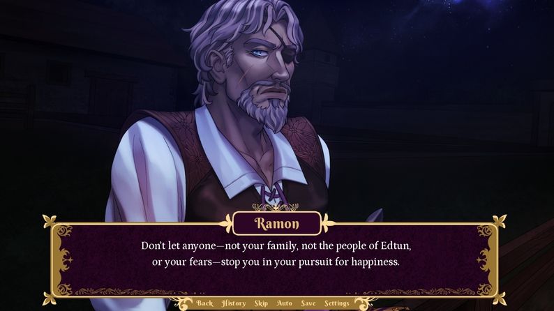 An old man with an eyepatch in a field at night. The text reads, "Don't let anyone--not your family, not the people of Edtun, or your fears--stop you in your pursuit for happiness."