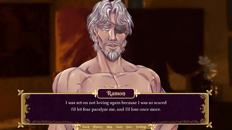 A shirtless old man frowning. He's standing in a bedroom. The text reads, "I was set on not loving again because I was so scared I'd let fear paralyze me, and I'd lose once more."