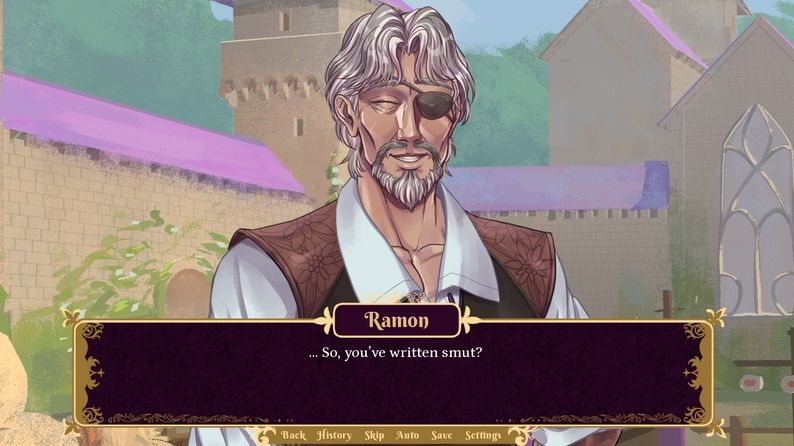 An old man with an eyepatch smirking. He's standing outside in the castle grounds. The text reads, "... So, you’ve written smut?"