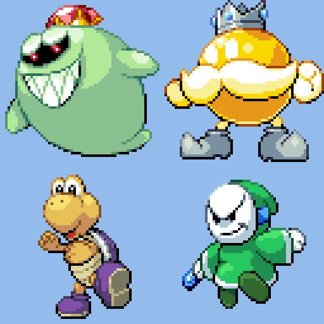 King Boo - Luigi Mansion 1 Colours

King Bob-omb - Gold King Bob-omb Mario Kart Tour

Koopa - Dark Koopa Paper Mario 64/TTYD

Bandit - Green Bandit Paper Mario TTYD + Blue Coin 