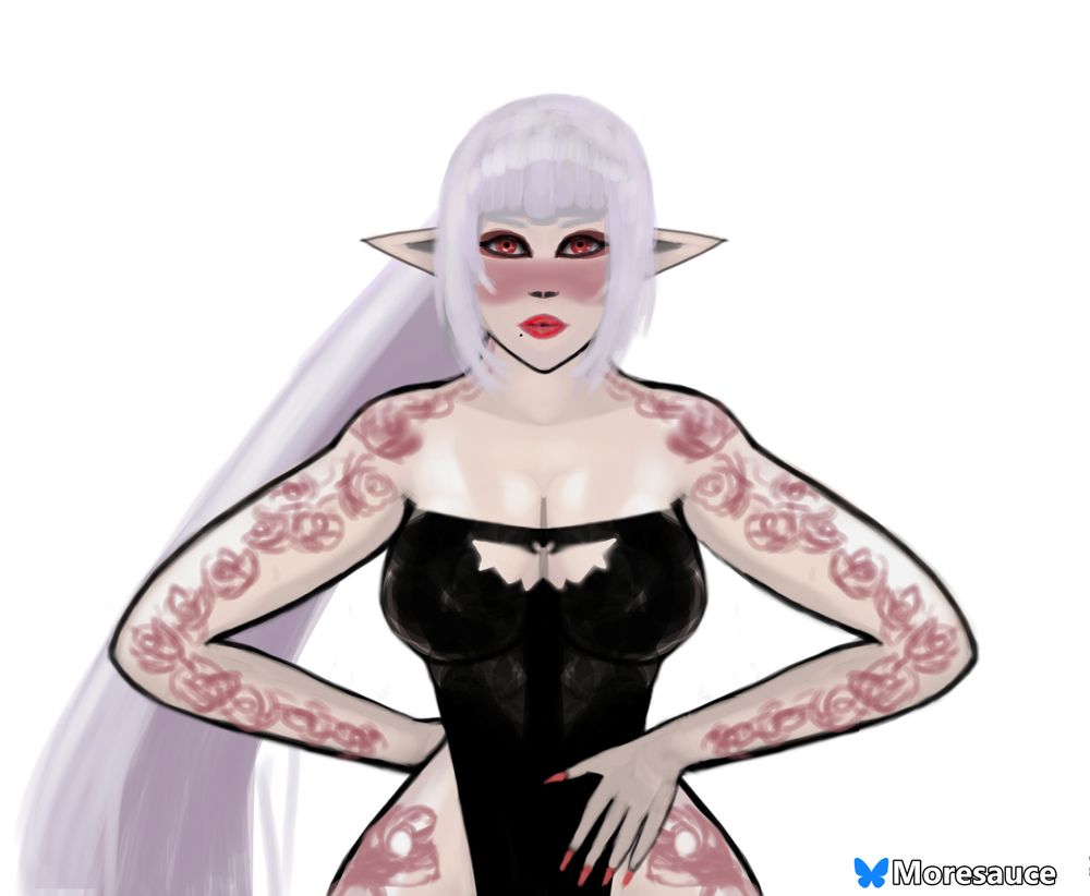 A long white-silver ponytailed, pointy eared woman with red eyes, lips, and mole below the right of her lips. Her face has a natural blush. She wears a black one piece with bat cutout center chest. Her left hand (the left side of the image) palms her abdomen while her other hand is behind her. She has rose/flower tattoos the sides of her neck down to her wrists and downs the sides of her body. 
