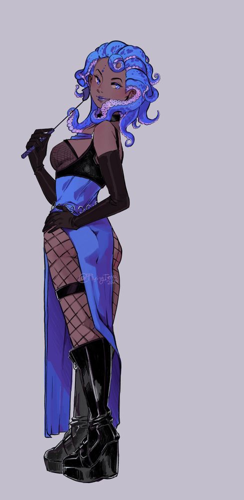 Digital drawing of a woman looking over her shoulder smiling to the right. 
She has blue tentacle hair and is wearing a black leather outfit with some electric blue fabric variants. She's holding a whip... that i totally forgot to shade... 