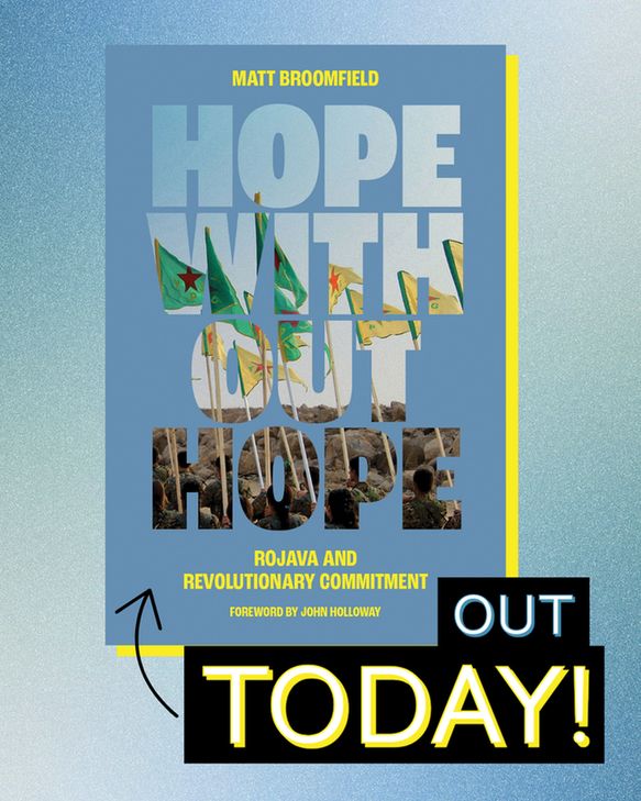 The blue cover of the book Hope Without Hope by Matt Broomfield is shown in front of a blue textured background and a yellow rectangle. Foreground text says "OUT TODAY!" in bold colorful text, with an arrow pointing to the book.