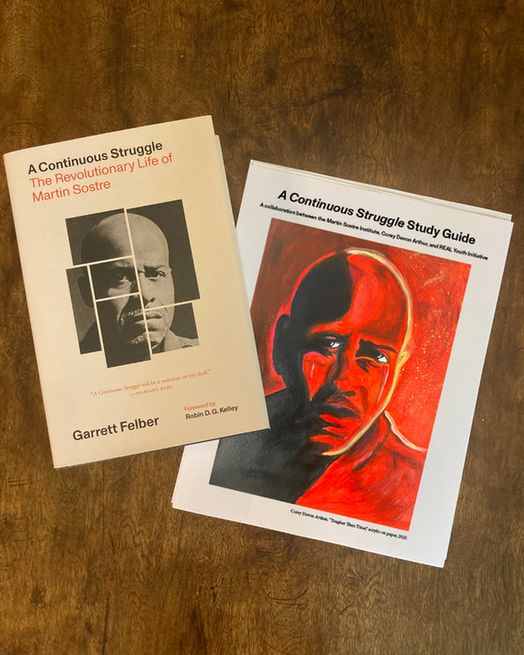 A hardcover copy of A Continuous Struggle and a printed-out copy of the "A Continuous Struggle Study Guide" lay side by side on top of a wooden surface.