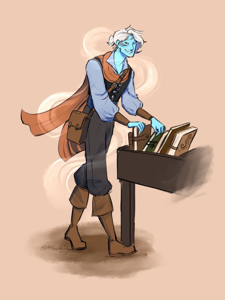 A digital drawing of Gaius, a man with pale blue skin and white hair pulled back into a short pony tail. He's wearing Renn fair garb, including a lace-up vest, a gray-blue pirate shirt, a satchel, and an orange scarf tossed over his shoulders and flowing in the breeze that's surrounding him. He is browsing through leather-bound journals at a shop.