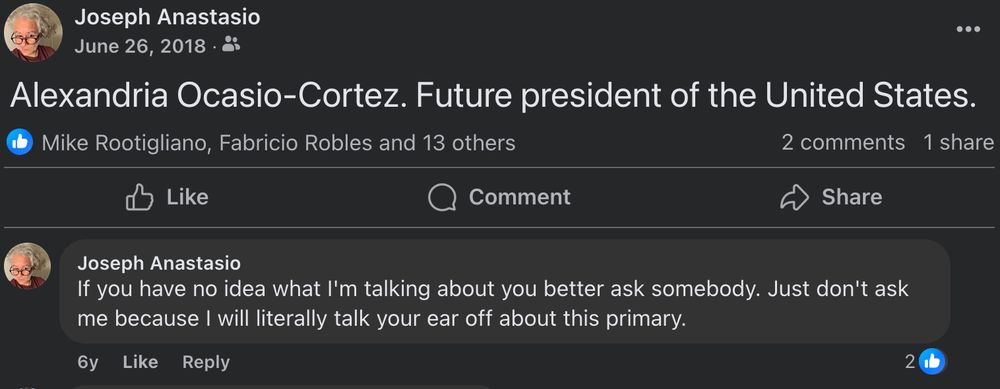 Facebook post from 2018 - AOC future president of the USA