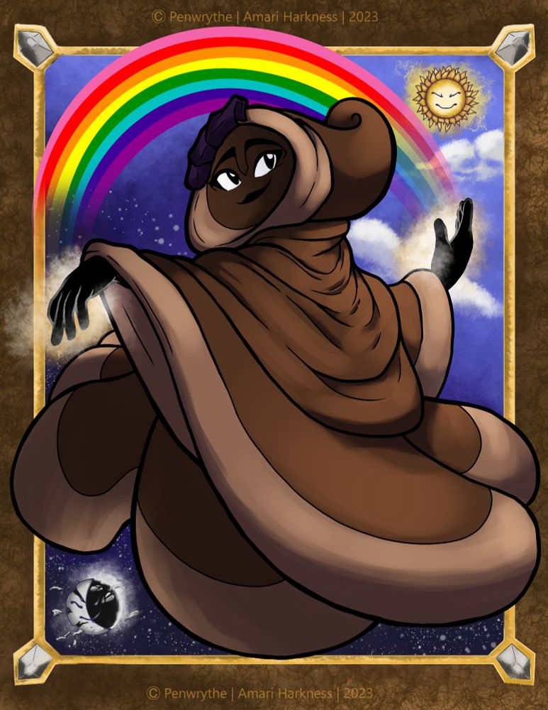 Illustration of my character Menathrenna posing with the 1978 Pride Flag rainbow, which are coming out of her hands. Menathrenna is a brown living cloak, casting magic. In the background is the sun surrounded by clouds and the moon surrounded by stars. This scene is inside a frame.